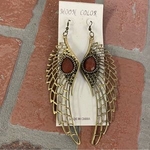 Fashion Long Bronze Toned Angel Wing Earrings Hook Backs.